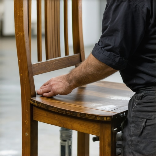 Close-up of professional applying layers of varnish on a vintage wooden chair for durability and shine