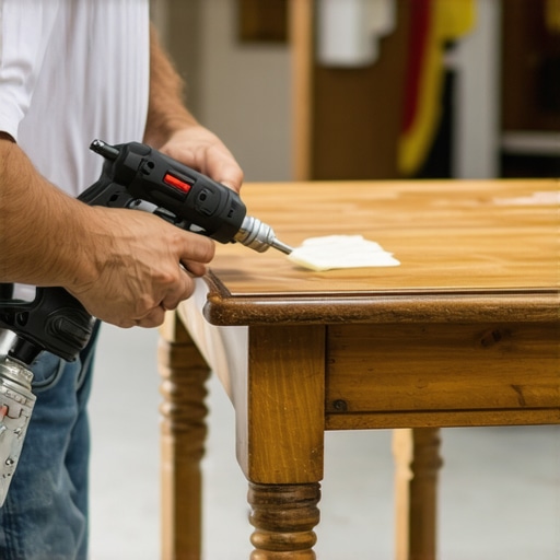 Professional applying clear polyurethane finish on wood with spray gun
