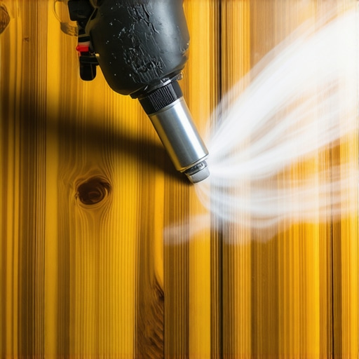 Close-up of a spray gun applying protective finish on a vintage wooden table, showcasing expert craftsmanship.
