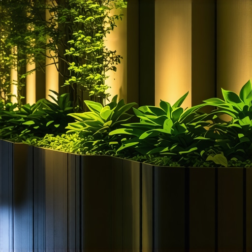 A modern garden featuring automated irrigation, vertical green walls, and smart lighting systems.