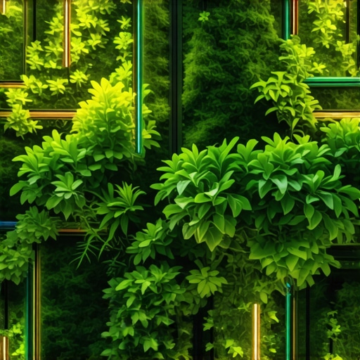 A high-tech vertical garden with sensors and automated watering system in an urban setting