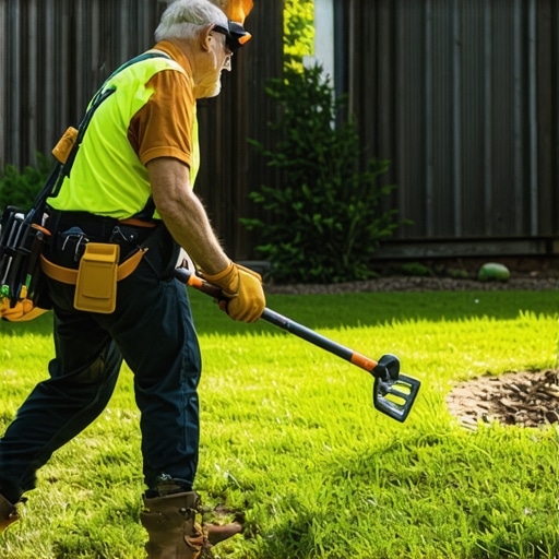 Professional gardener with safety gear handling tools outdoors