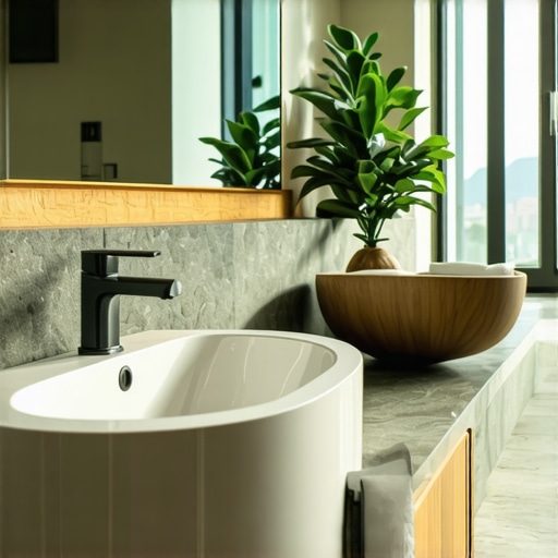 Futuristic bathroom with renewable energy features and sleek decor