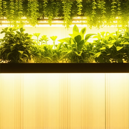 Futuristic vertical garden with integrated LED lights and smart watering system on balcony