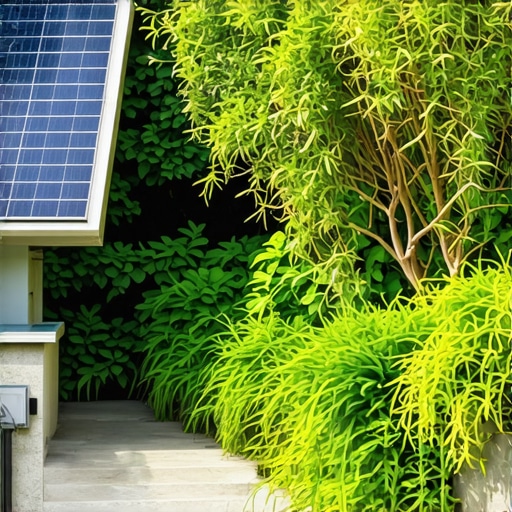 Eco-friendly garden with solar panels, rainwater harvesting, and IoT devices