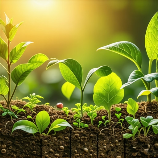 Close-up of soil microbiome with healthy plants in background