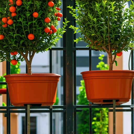Healthy miniature fruit trees growing in containers on a city balcony