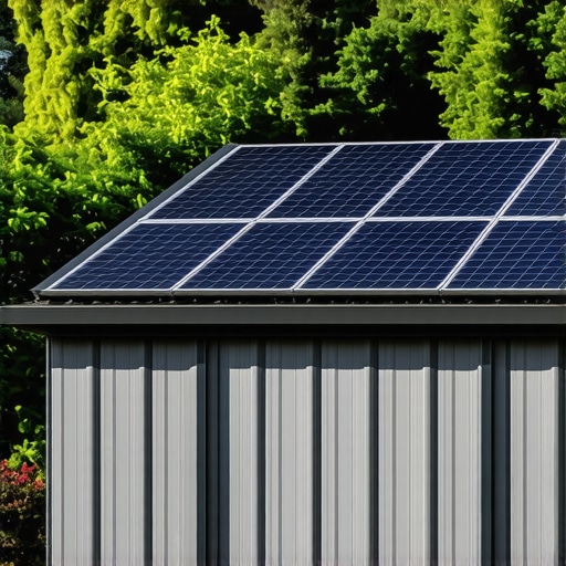 Futuristička šupa za alat sa solarnim panelima i modularnim dizajnom u okruženju vrta