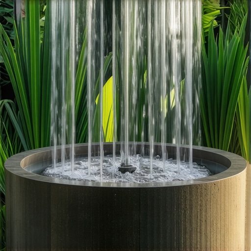 Elegant garden fountain crafted from recycled materials surrounded by greenery.