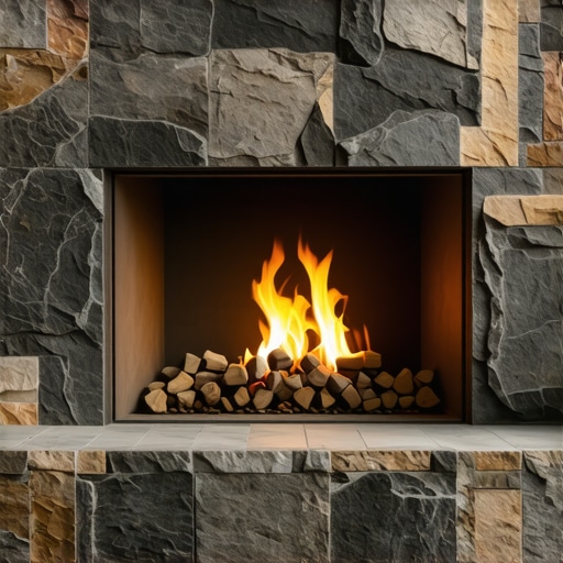 Rustic outdoor stone fireplace with integrated lighting in a garden setting