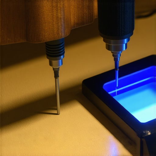 Close-up of precision woodworking tools and UV lamp used in furniture restoration