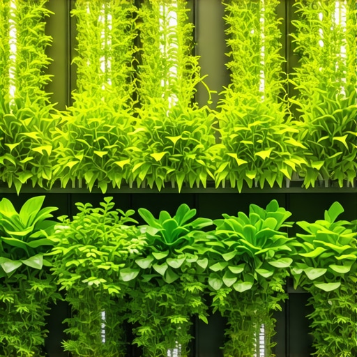 Vertical garden systems with automatic watering and lighting in urban environment.