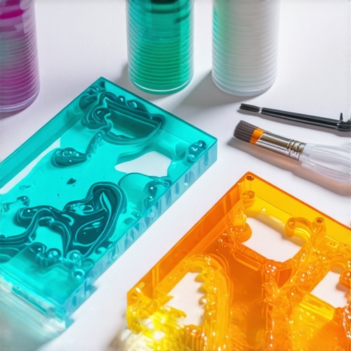 Epoxy resin art, 3D printed objects, and crafting tools on workspace
