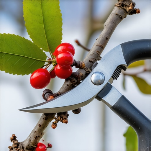 Pruning shears cutting a branch of a fruit tree during winter
