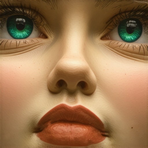 Close-up of a realistic polymer clay doll face showing detailed features and expressive eyes