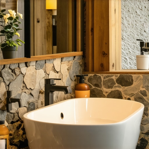 Rustic bathroom with natural stone and reclaimed wood elements, vintage fixtures, warm lighting, cozy atmosphere