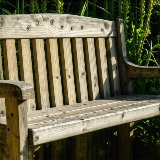 Close-up of a rustic wooden bench with protective finish in garden