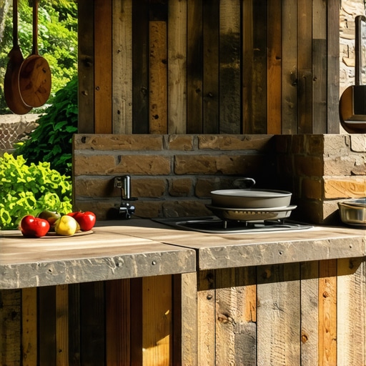 Eco-friendly outdoor kitchen constructed with recycled wood and bricks on garden patio