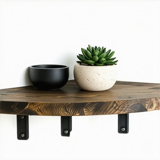 Modern rustic corner shelf made of recycled wood with metal accents in living room
