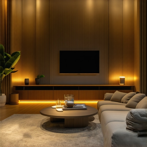 Living room with integrated LED lighting and smart home controls.