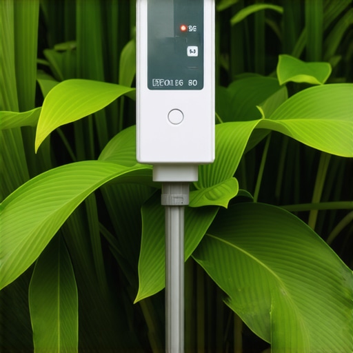 Close-up of a soil moisture sensor measuring soil hydration in a vibrant garden