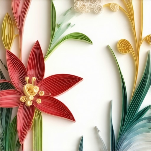Close-up of intricate 3D quilling paper sculptures with mixed media.