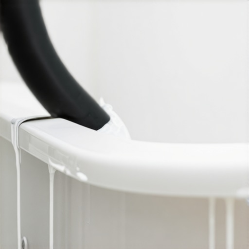 Professional preparing bathtub surface for paint with cleaning and sanding tools