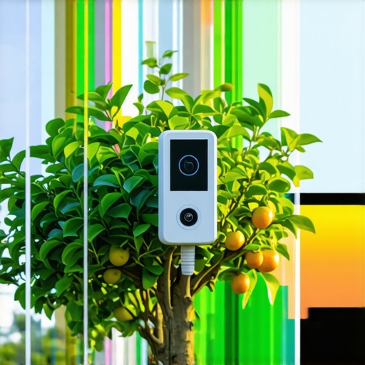 Sensors and drones used for health monitoring of fruit trees in a modern orchard setting.