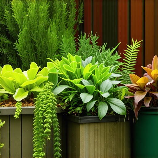 Small urban permaculture garden with diverse plants, compost, and rainwater collection