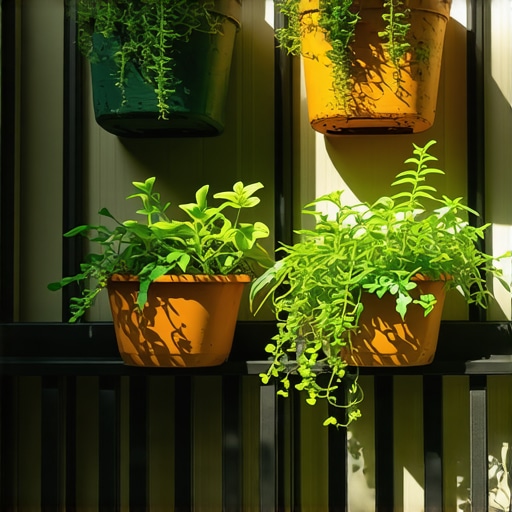 Balcony vertical garden with recycled planters and lush plants