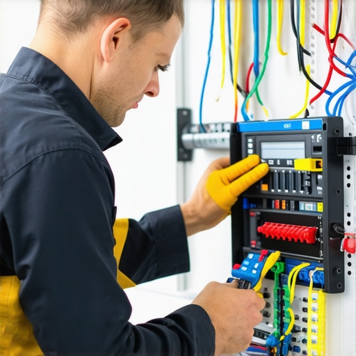 Electrician with digital tester and modular connectors ensuring safe chandelier wiring