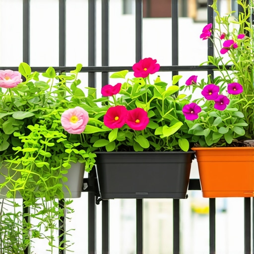 Colorful balcony garden with herbs and flowers in stylish containers.