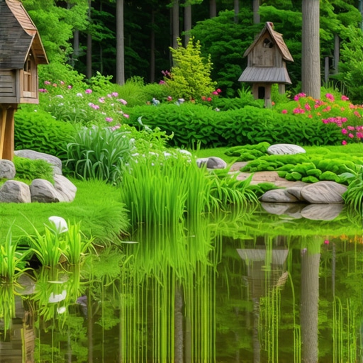 Biodiverse garden with native plants and wildlife Lush garden featuring native plants, birdhouses, and a small pond, supporting biodiversity