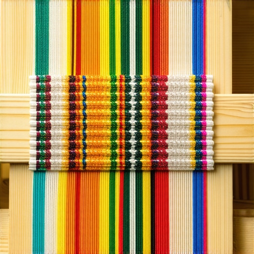 Colorful woven textile on loom Close-up of colorful woven textile on a wooden loom