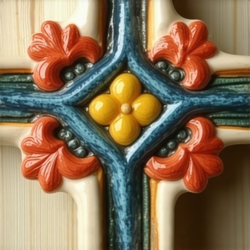 Detaljni pogled na unikatnu keramiku Close-up of intricate handmade ceramic ornament with fine details and vibrant colors