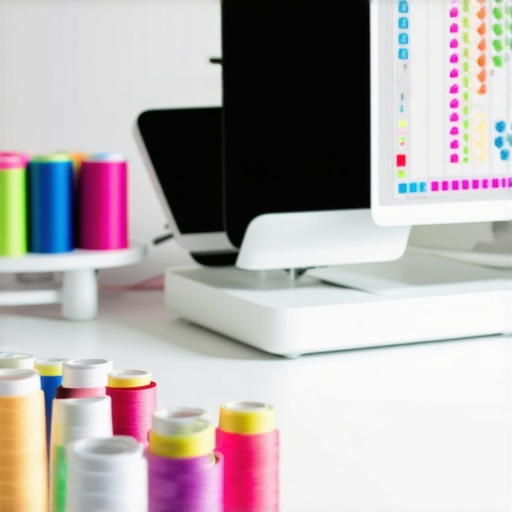 Digital vezenje i inovativne tehnike Radni prostor za vezenje sa digitalnim alatima i raznobojnim koncima