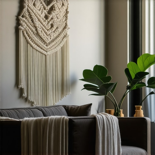 Stylish living room featuring a large, intricate macrame wall hanging, natural lighting, minimalist decor