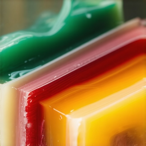 Elegant layered soap with herbs and oils Close-up of a sophisticated layered soap with herbs and aromatic oils