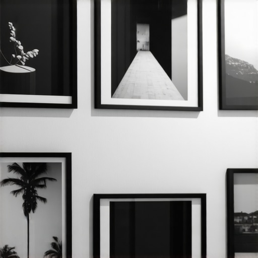 Minimalist gallery wall with black and white photos and sleek frames