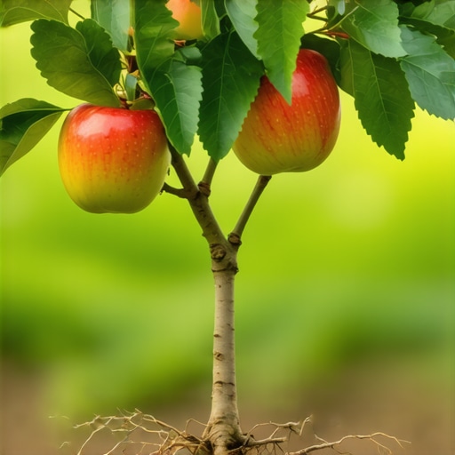 Expert Transplantation of a Young Apple Tree Young apple tree being carefully transplanted in a well-maintained garden, showing detailed root system and healthy foliage.