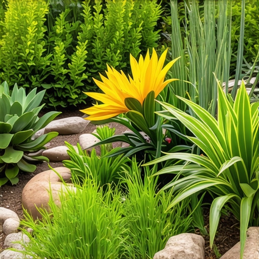 Expert-level ecological garden design with native plants and microhabitats High-quality image of a sophisticated ecological garden with native plants and microhabitats