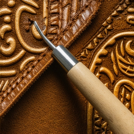 Expert-level leather carving tools and techniques Close-up of intricate leather carving with professional tools, showcasing advanced techniques