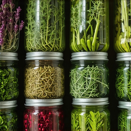Fermentation process of herbs in jars for preservation Herbs fermenting in glass jars, showcasing traditional preservation technique
