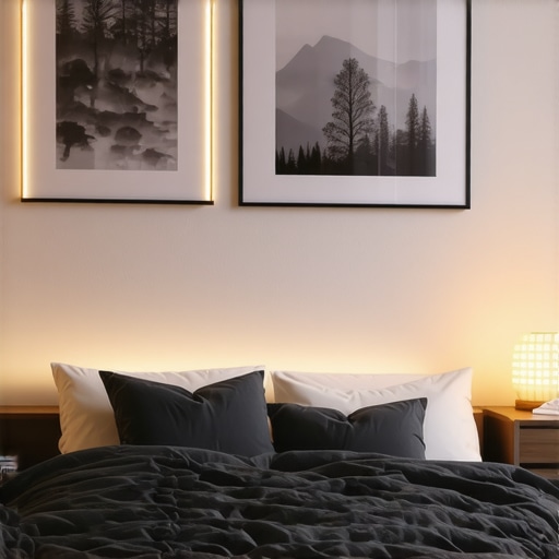 Modern bedroom with ambient lighting, LED strips, wall art, and cozy atmosphere for relaxation
