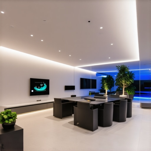 Futuristic smart home LED lighting system Contemporary smart home interior with advanced LED lighting and automation control panel