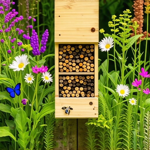 Colorful garden featuring bee hotels, native plants, and butterflies