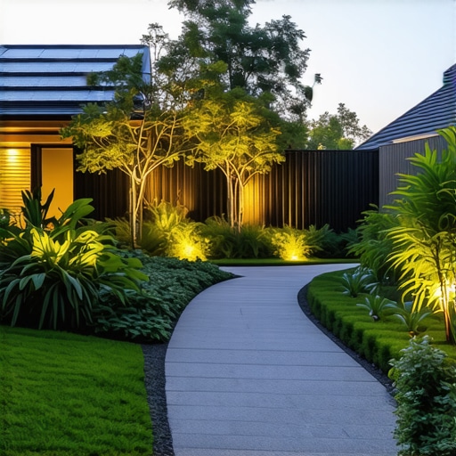 High-tech sustainable garden design A futuristic garden with integrated smart technology and eco-friendly plants