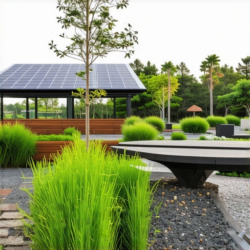 Innovative Sustainable Garden Design Eco-friendly garden featuring recycled materials and solar-powered systems
