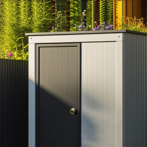 Innovative eco-friendly garden shed design Modern garden shed constructed from recycled materials with eco-friendly features in a lush garden environment.