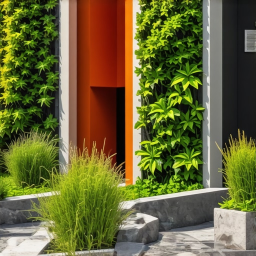 Eco-friendly garden with recycled materials, solar features, and artistic installations